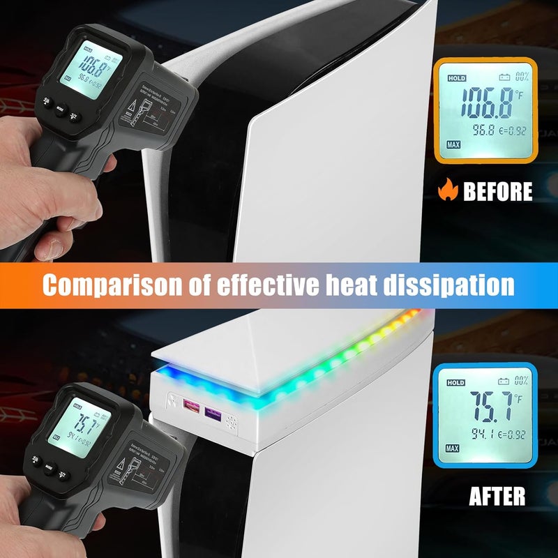Raryars Console Cooling Fan with Dust Cover Colorful LED Light for PS5 Console Disc Edition & Digital Edition Silent Absorb Fan Cooler with 2 USB Port PlayStation 5 Cooling System - Image 3